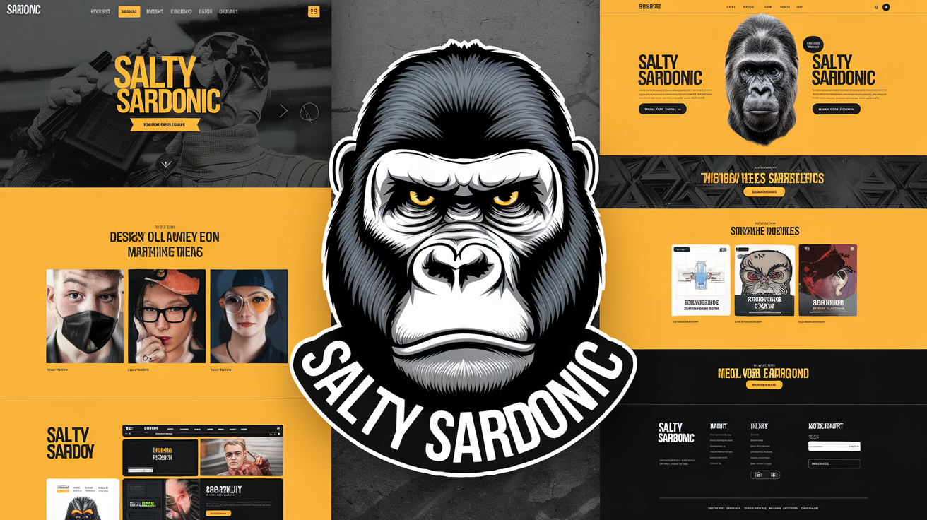 Salty Sardonic branding design featuring a gorilla logo and a bold yellow and black color scheme.