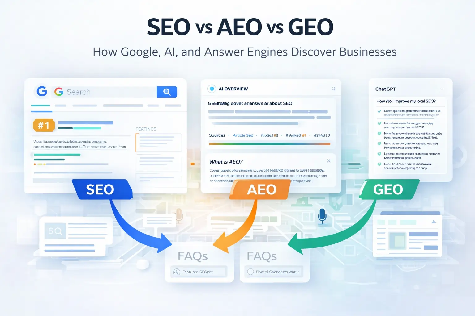 SEO vs AEO vs GEO illustration showing Google search results, AI Overviews, FAQ sections, featured snippets, and AI tools like ChatGPT discovering businesses.