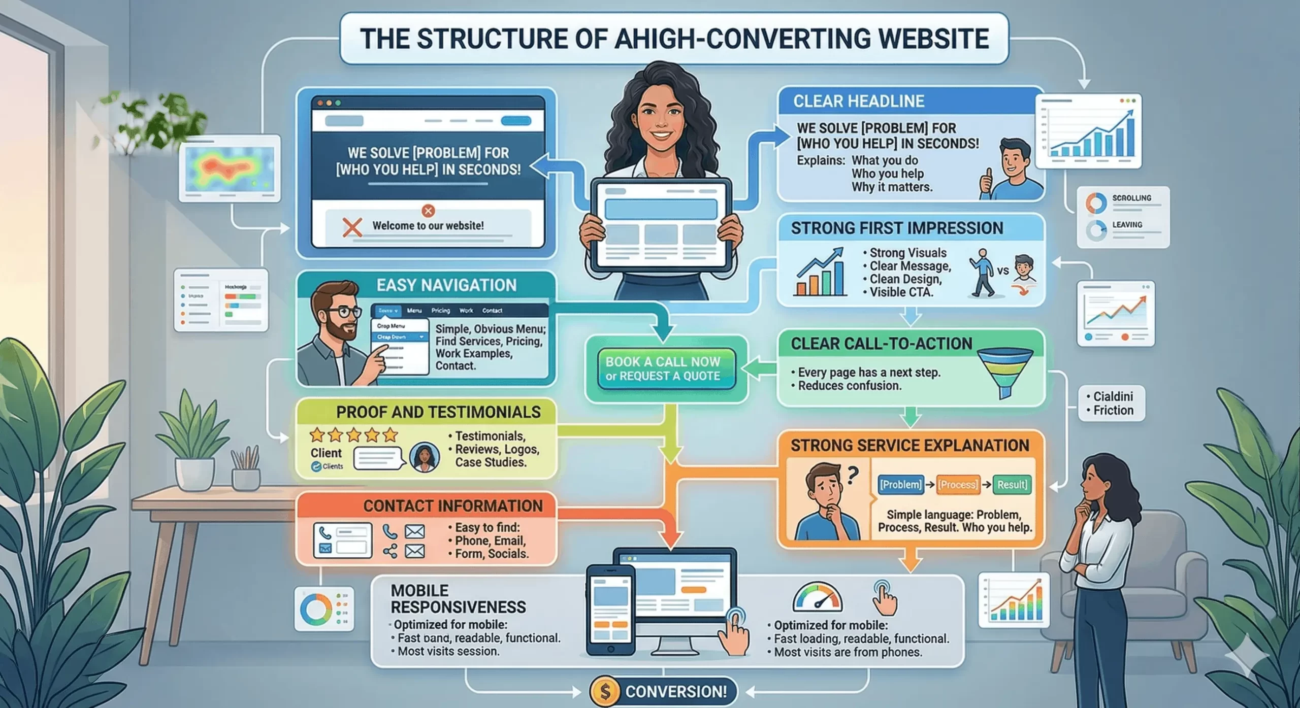 A comprehensive infographic illustrating the structure of a high-converting website, featuring distinct sections for Clear Headline, Easy Navigation, and Mobile Responsiveness, connected by a conversion flowchart.
