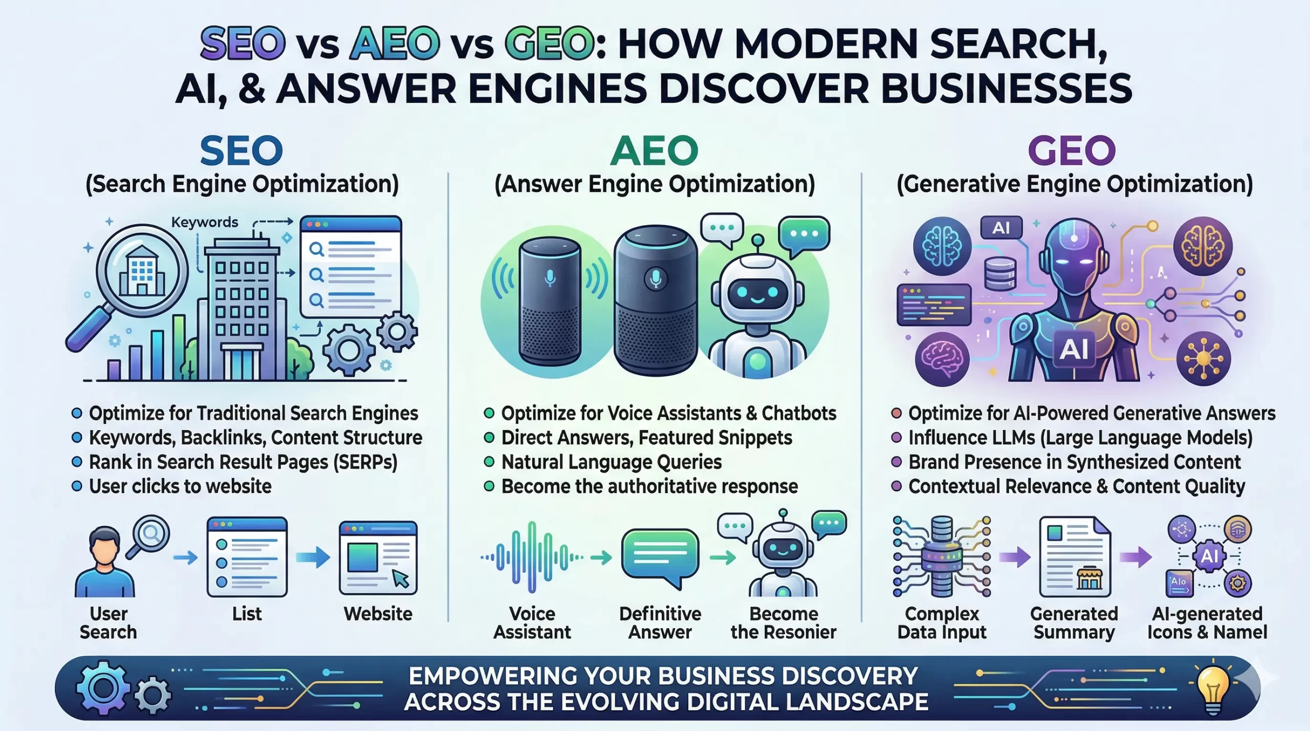 A vertical comparison infographic titled "SEO vs AEO vs GEO," illustrating the differences between Search Engine Optimization, Answer Engine Optimization, and Generative Engine Optimization, each with a bulleted list of characteristics and a user-journey process diagram.
