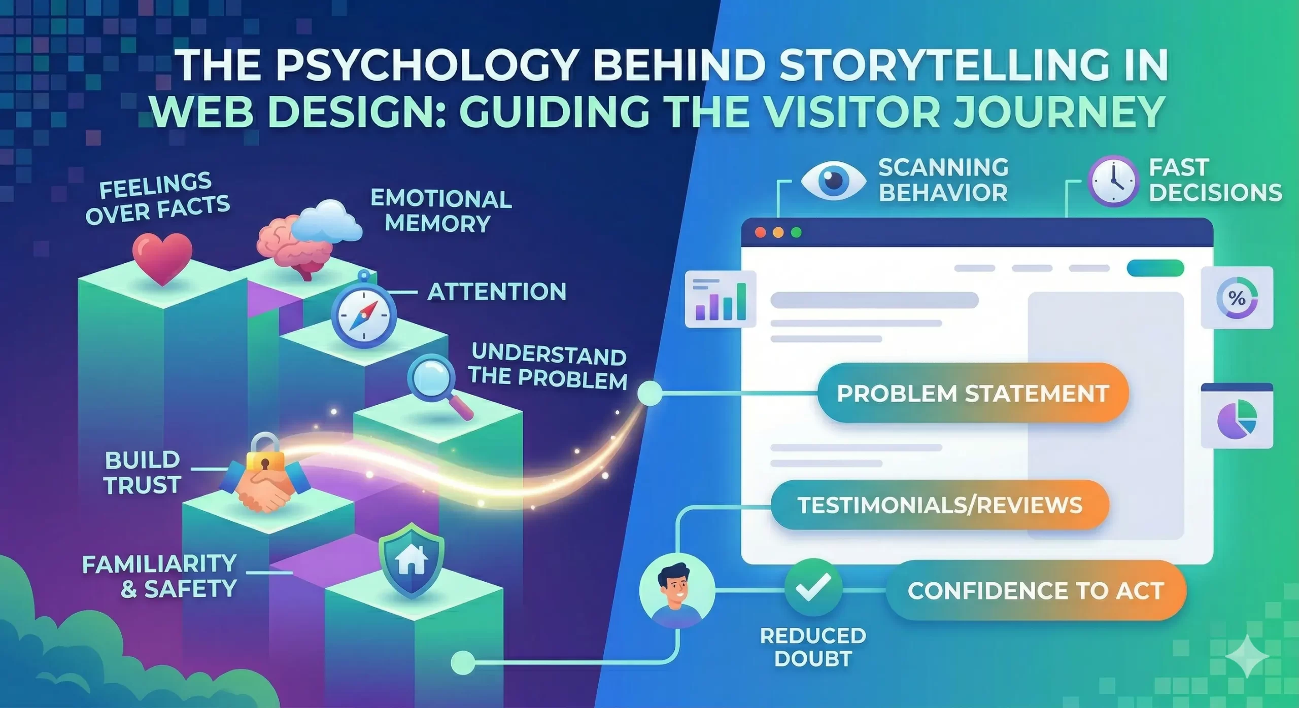 An educational infographic titled "The Psychology Behind Story-Driven Web Design: Guiding the Visitor Journey." The left side shows a staircase of blocks with psychological icons like a heart for "Feelings over Facts" and a compass for "Attention." A glowing path leads to a website wireframe on the right, highlighting "Problem Statement," "Testimonials," and "Confidence to Act," illustrating how narrative reduces doubt and speeds up decision-making.